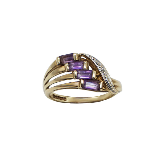 Vintage 9K gold swirl ring with diamond wave and four amethyst baguette stones. Hallmarks on inner band.