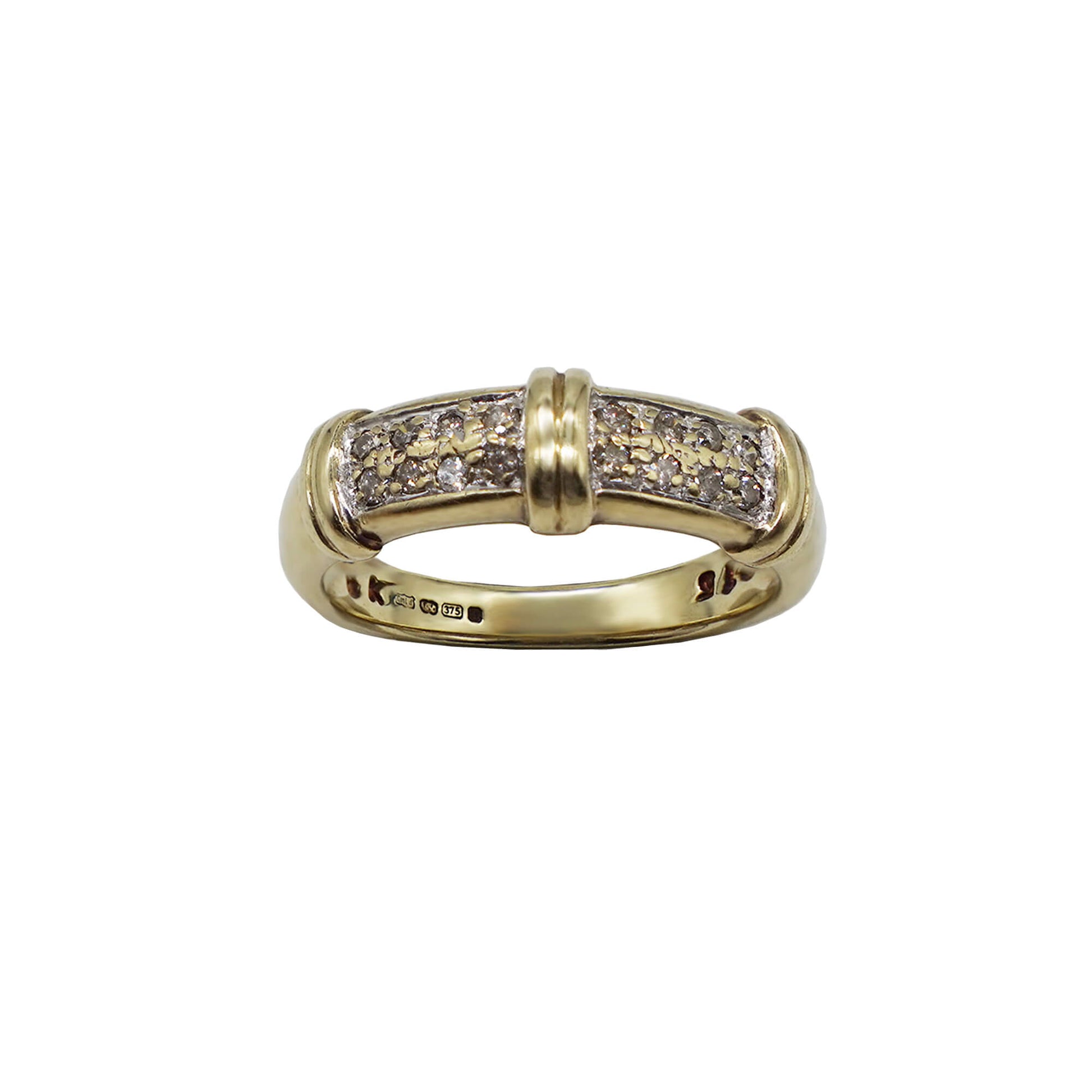 Vintage 9K gold bamboo style band ring with two row diamonds. Hallmarks on inner band.