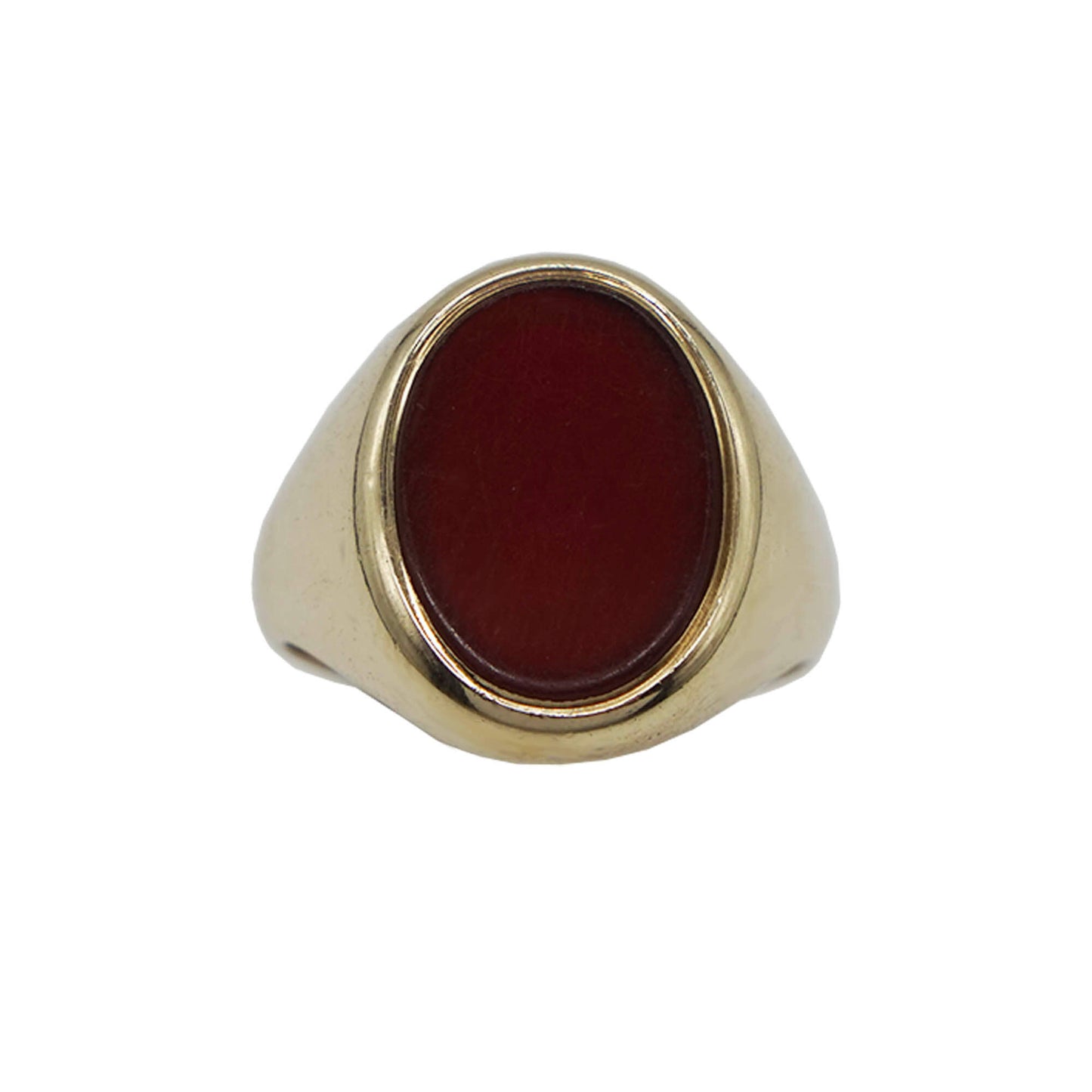 9k gold oval signet ring with red carnelian stone setting.