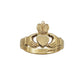 9k goldcladdagh ri g wire two hands holding a heart and crown, hallmarks visible on inner band.