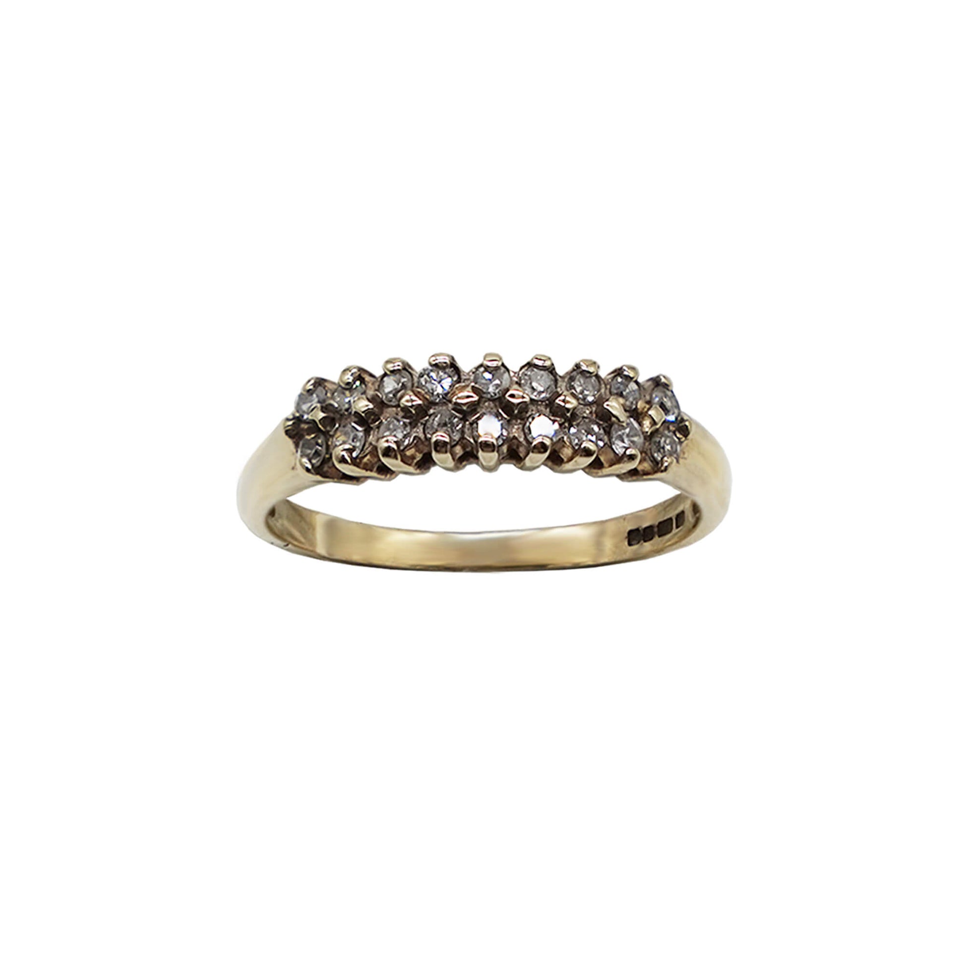 Vintage 9k gold band ring- with two rows of diamond set. Hallmarks on inner band.