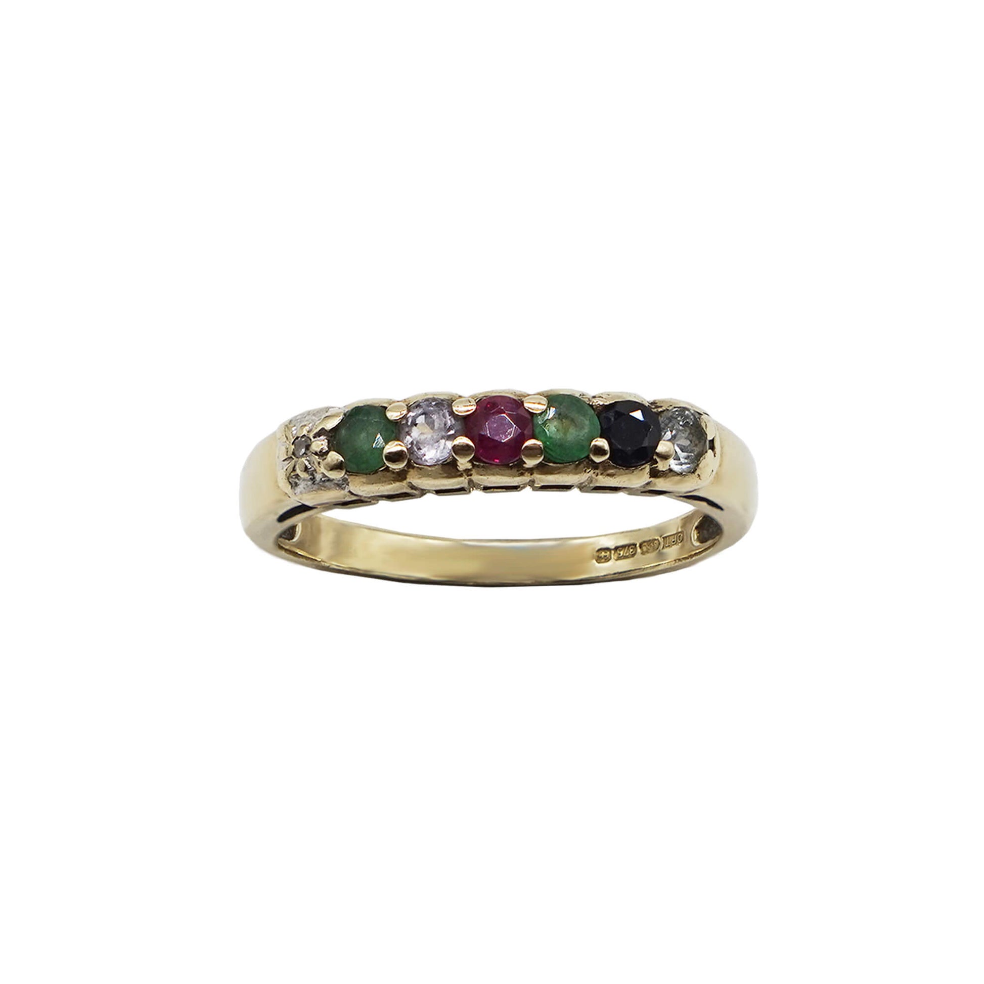 Gold band with Diamond, Emerald, Amethyst, Ruby, Emerald, Sapphire, Topaz stone setting, hallmarks on inner band.