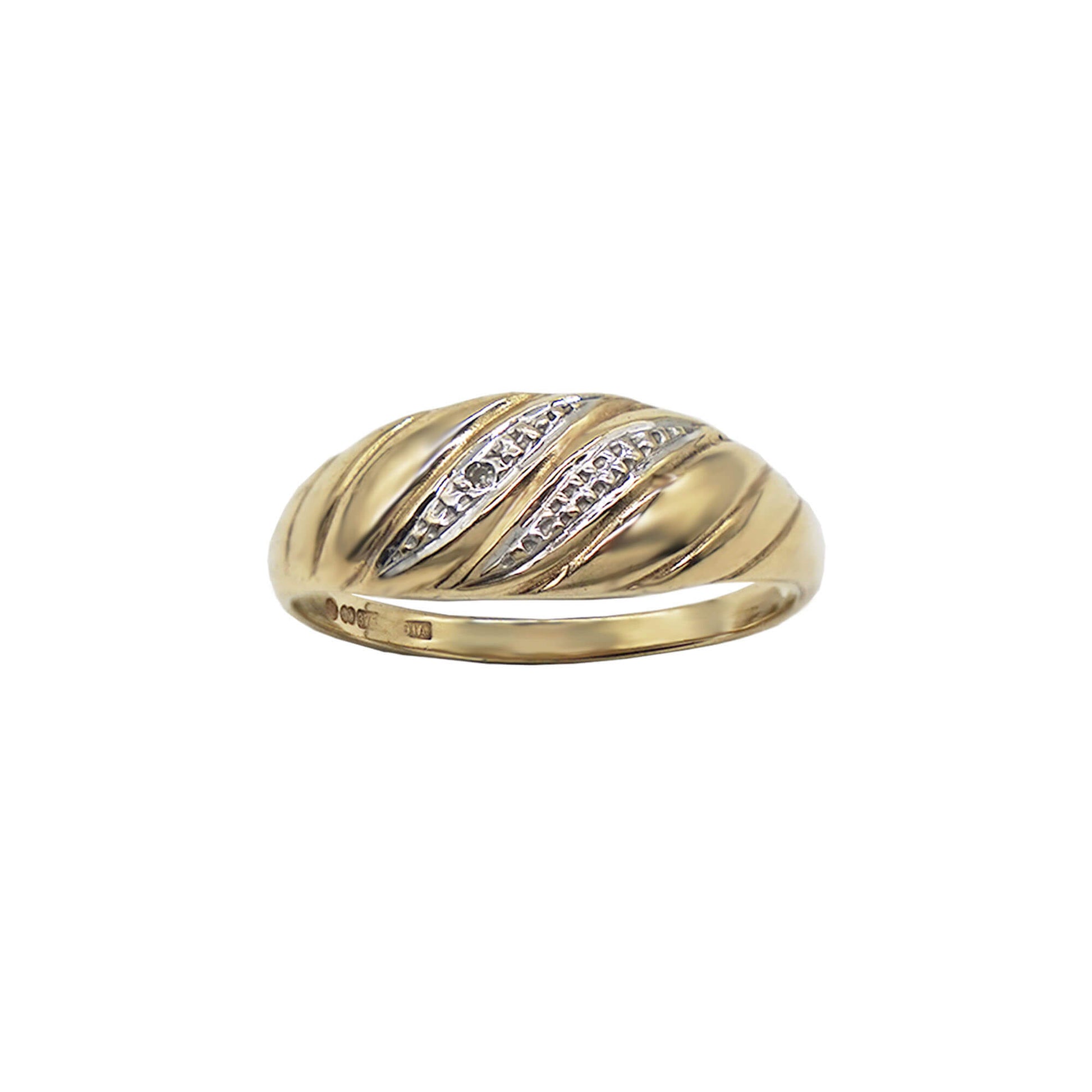 front vire vintage 9k gold diamond croissant tyle ring- hallmarks visible on inner band.