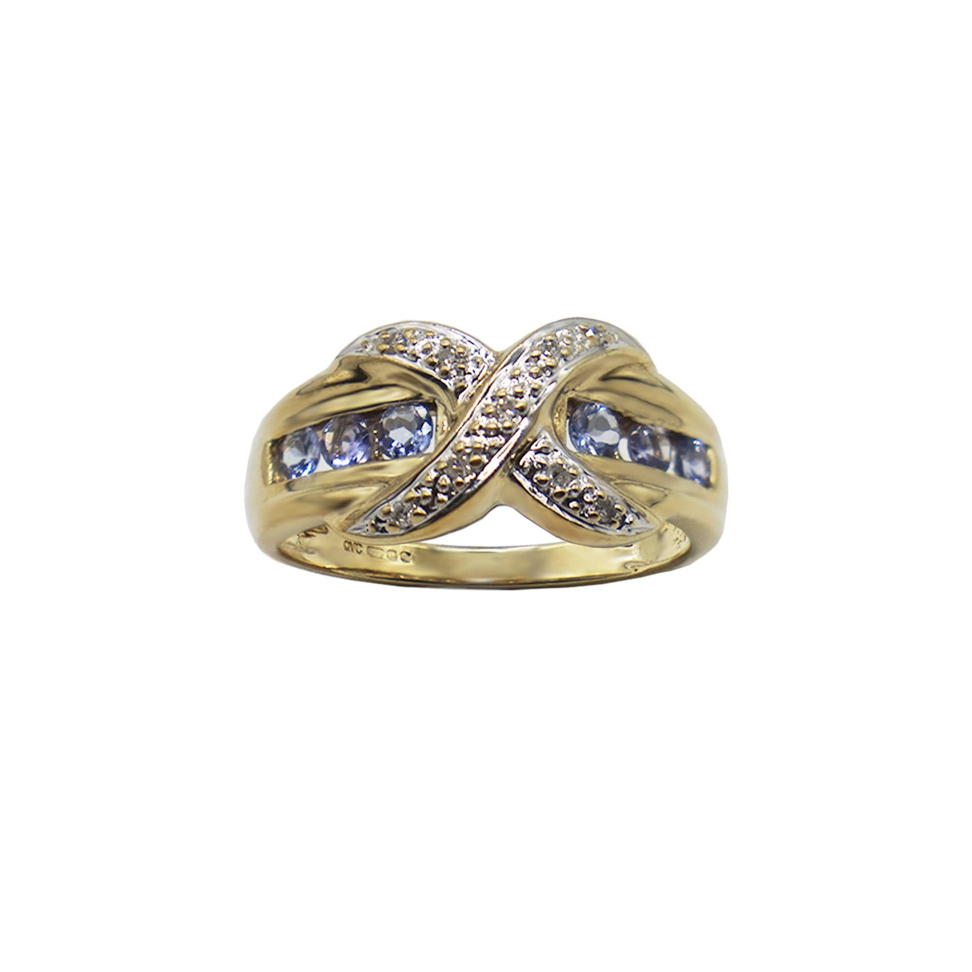 Vintage 9K gold Diamond kiss ring with tanzanite setting, hallmarks visible on inner band.