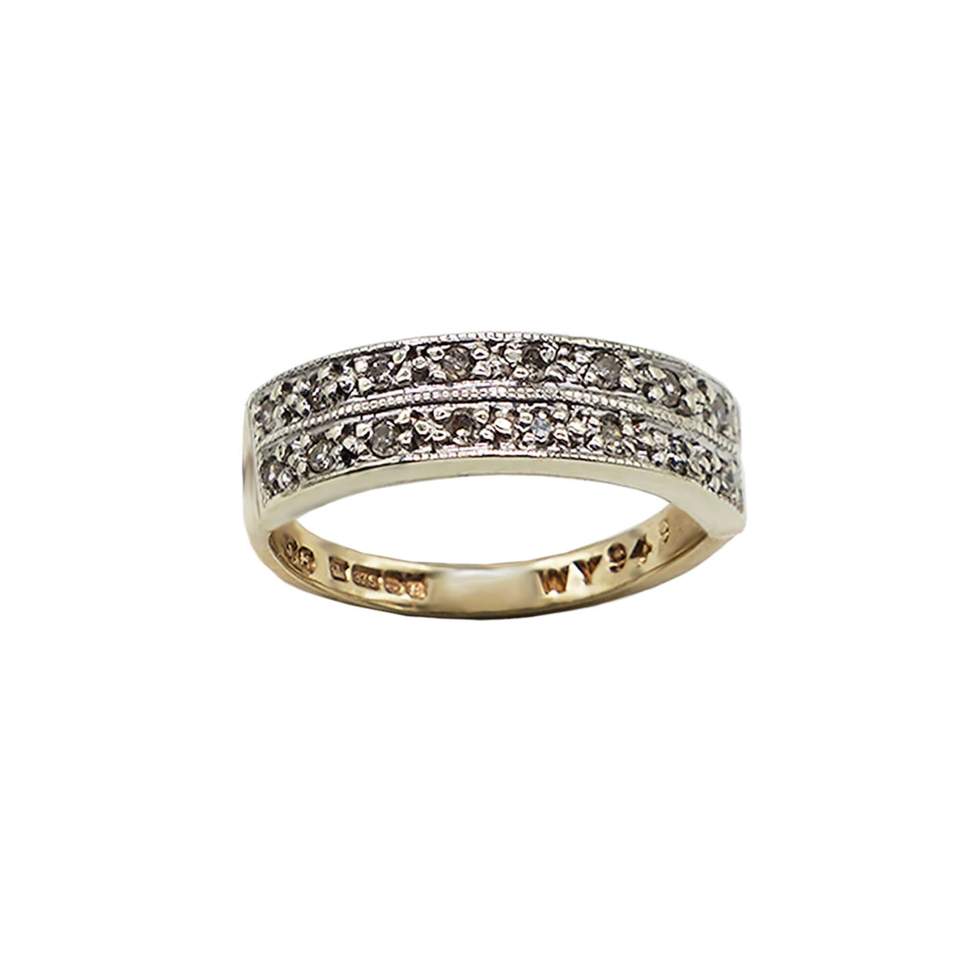 Double row diamond illusion set ring in white gold with hallmarks on inner band.