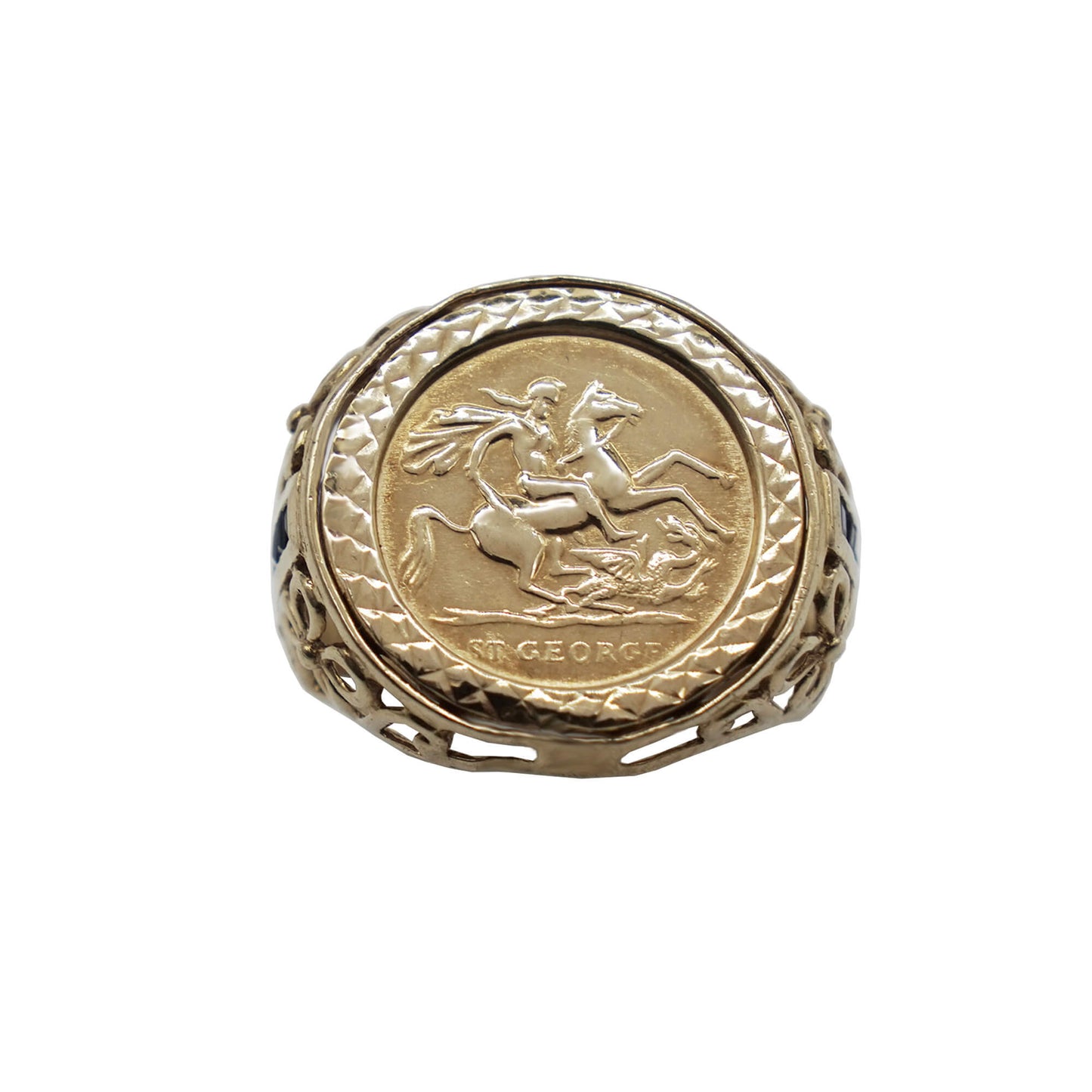 9K gold sovereign ring with stone set shank.