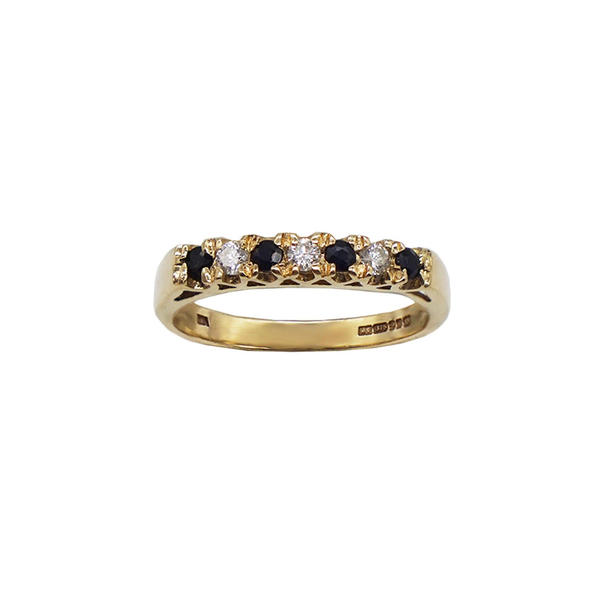 Vintage 9K gold half eternity band with alternative sapphire and diamond stone setting, hallmarks on inner band.