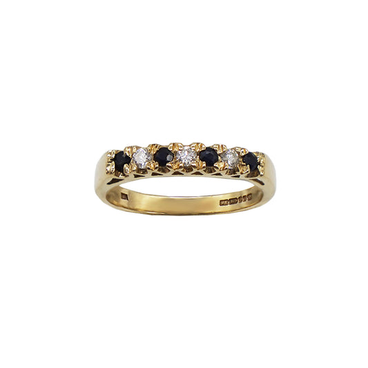 Vintage 9K gold half eternity band with alternative sapphire and diamond stone setting, hallmarks on inner band.