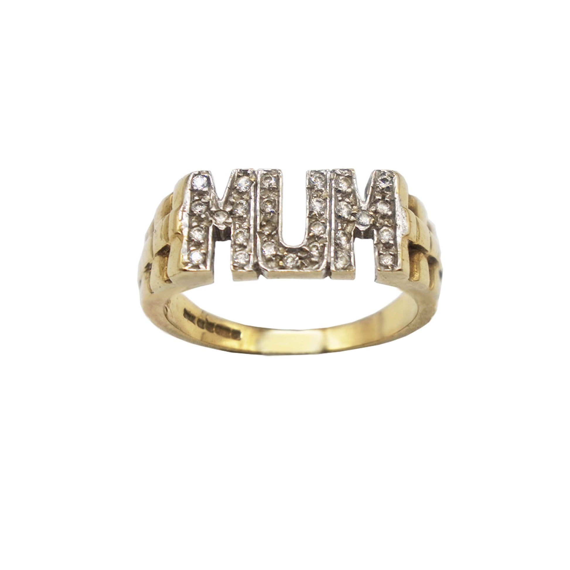 Vintage 9K Gold Mum  ring- pave capital letters with cubic zirconia stones, textured band