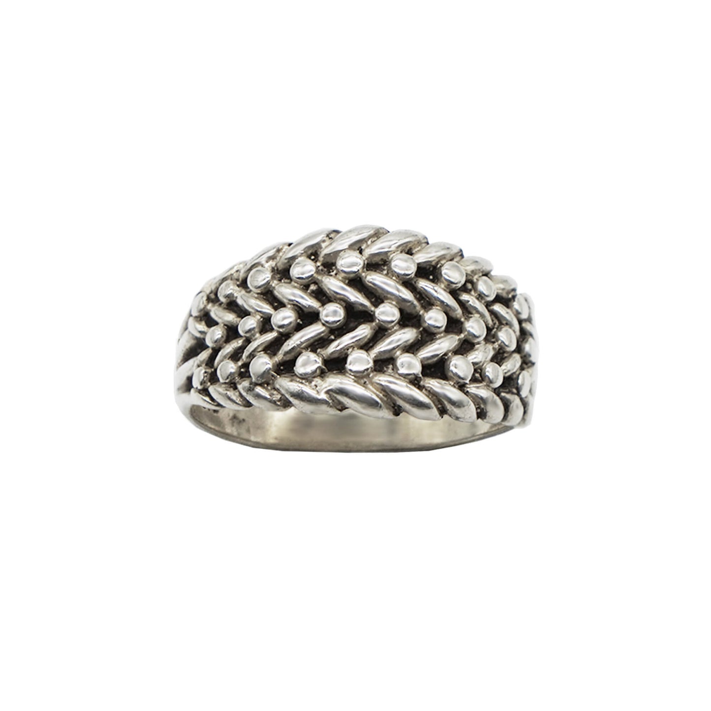 Vintage sterling silver wide band ring with double row keeper weave pattern.