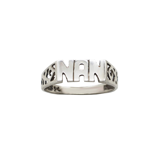 vintage sterling silver NAN ring in capitals, with cut out swirly shank.