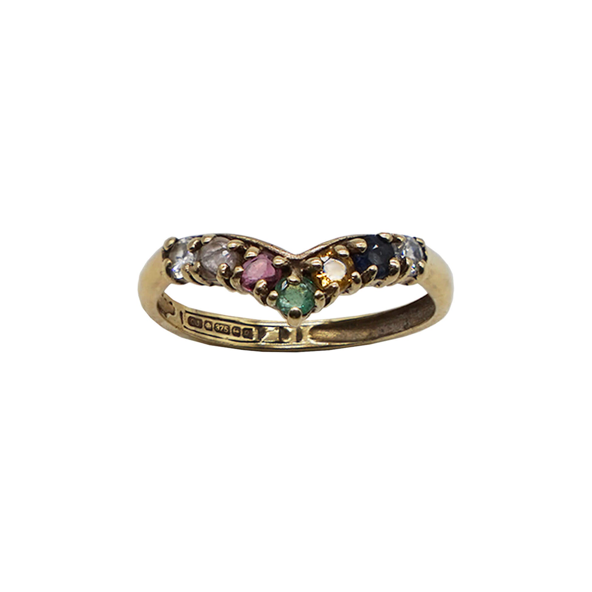 VINTAGE 9K GOLD RING WITH MULTICOLOURED STONES.